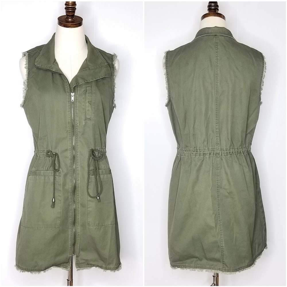RO & DE Small Military Green Drawstring Loose Fit Vest Sleeveless Utility Jacket